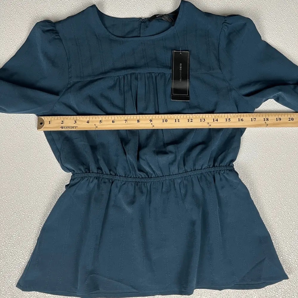 Bcbgmaxazria Ruched Bishop Sleeve Peplum Top Midnight Size XS NWT - Picture 6 of 12